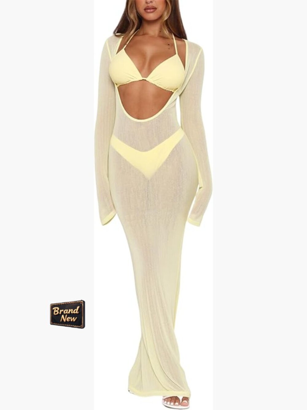 3 Piece Swimsuit Set Halter Triangle Bikini with Sheer Maxi Cover Up Dress